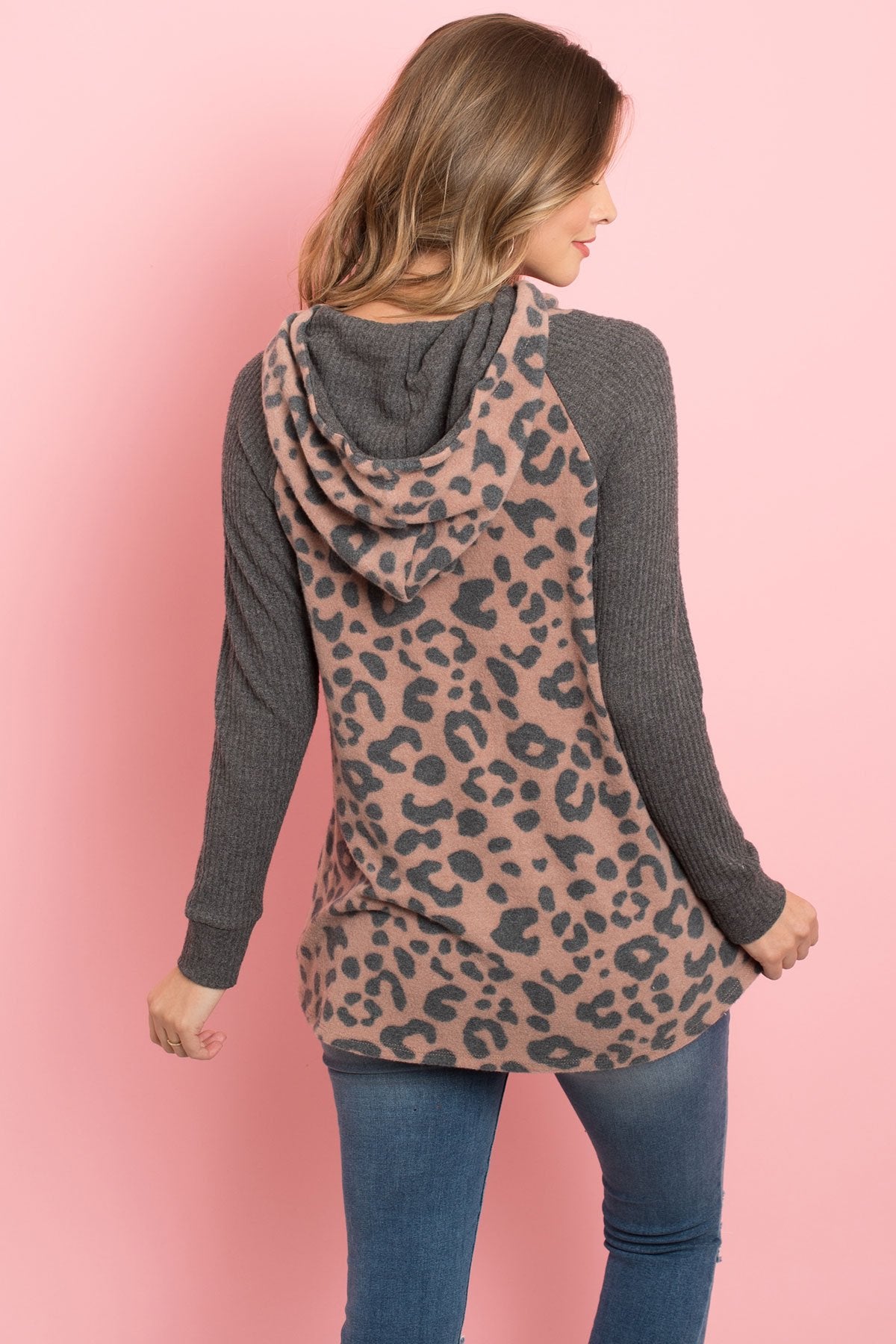 Waffle Sleeve Leopard Drawstring Hoodie