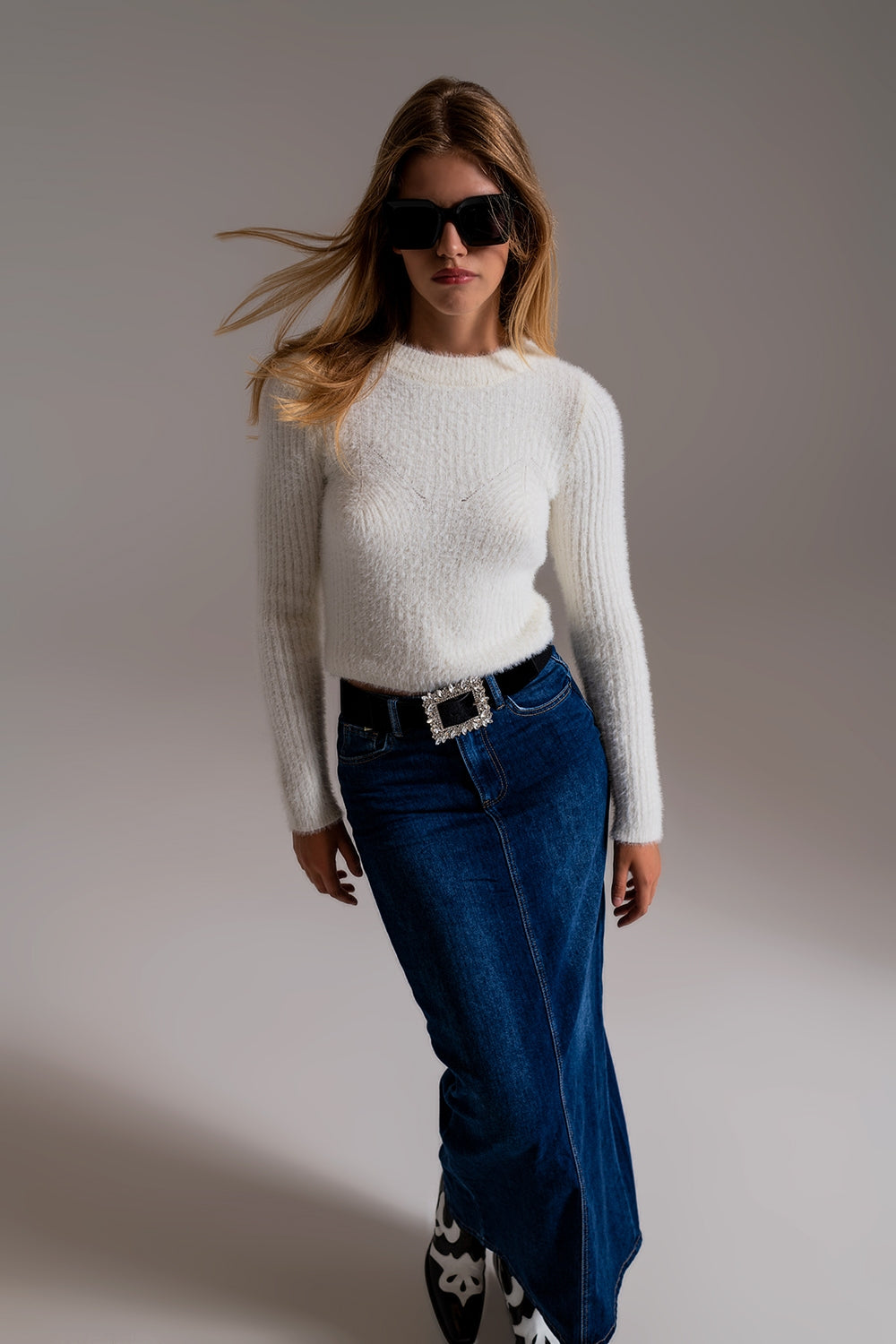 RIbbed Cropped Sweater With Stitching Detail in Ecru